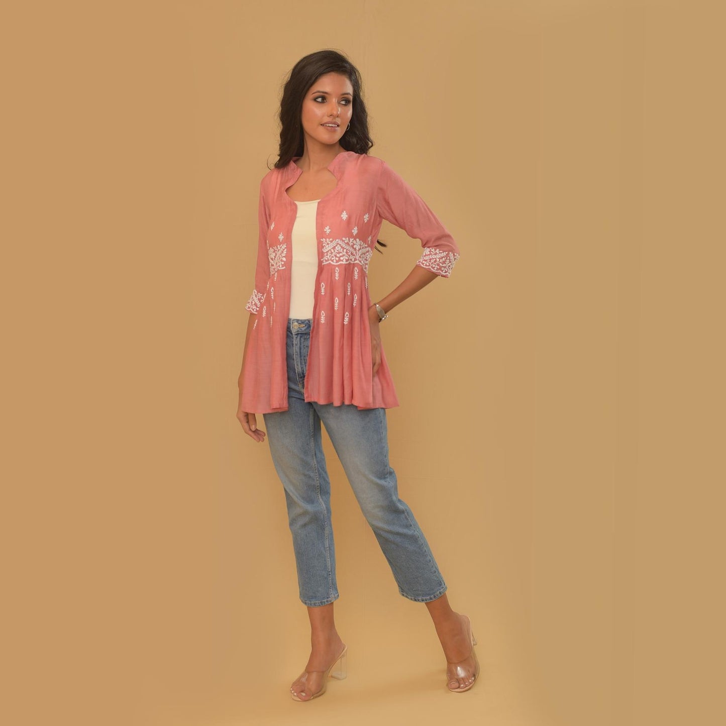 Pink Pleated Chikankari Shrug