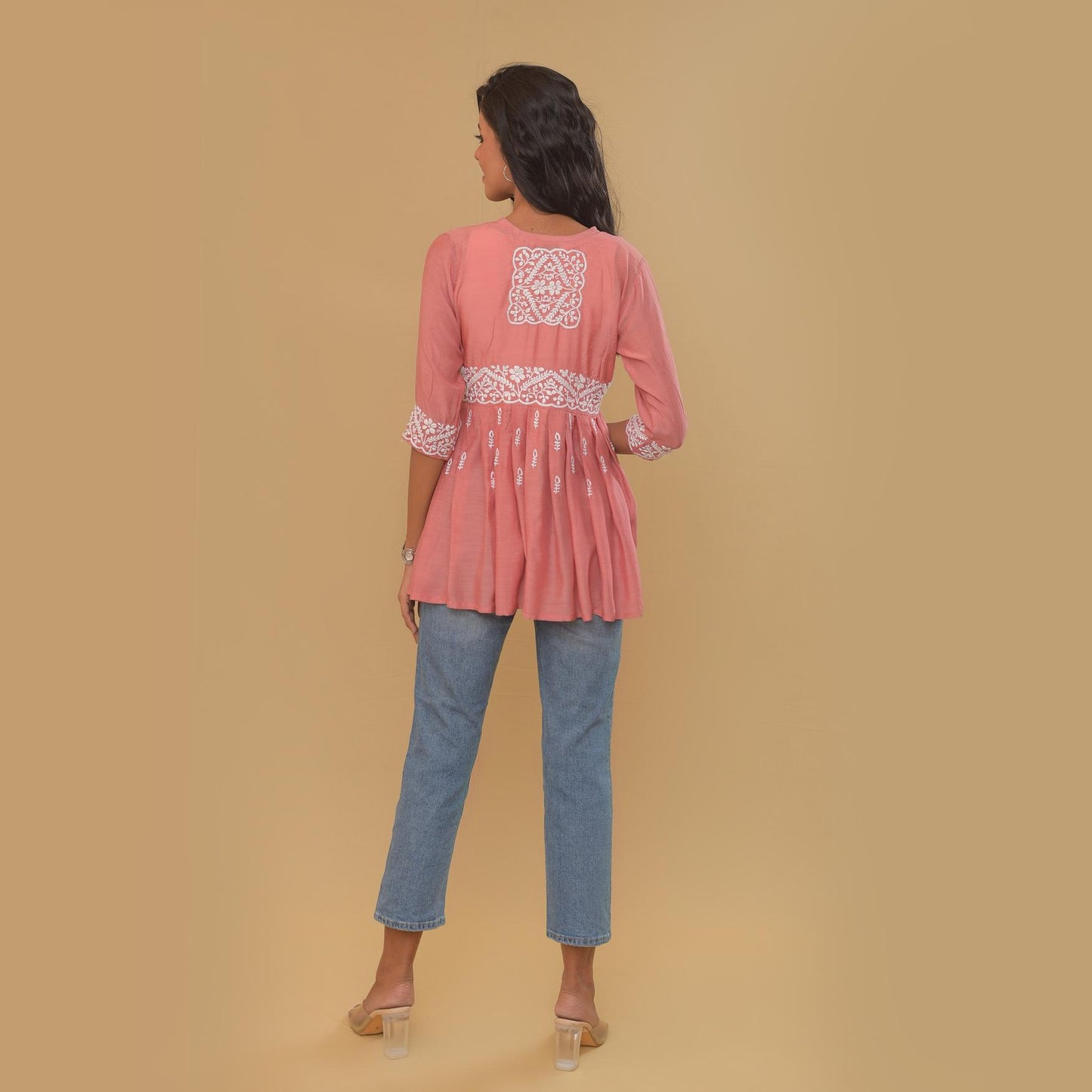 Pink Pleated Chikankari Shrug