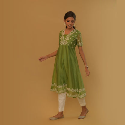 Olive Green Organza Chikankari Kurta