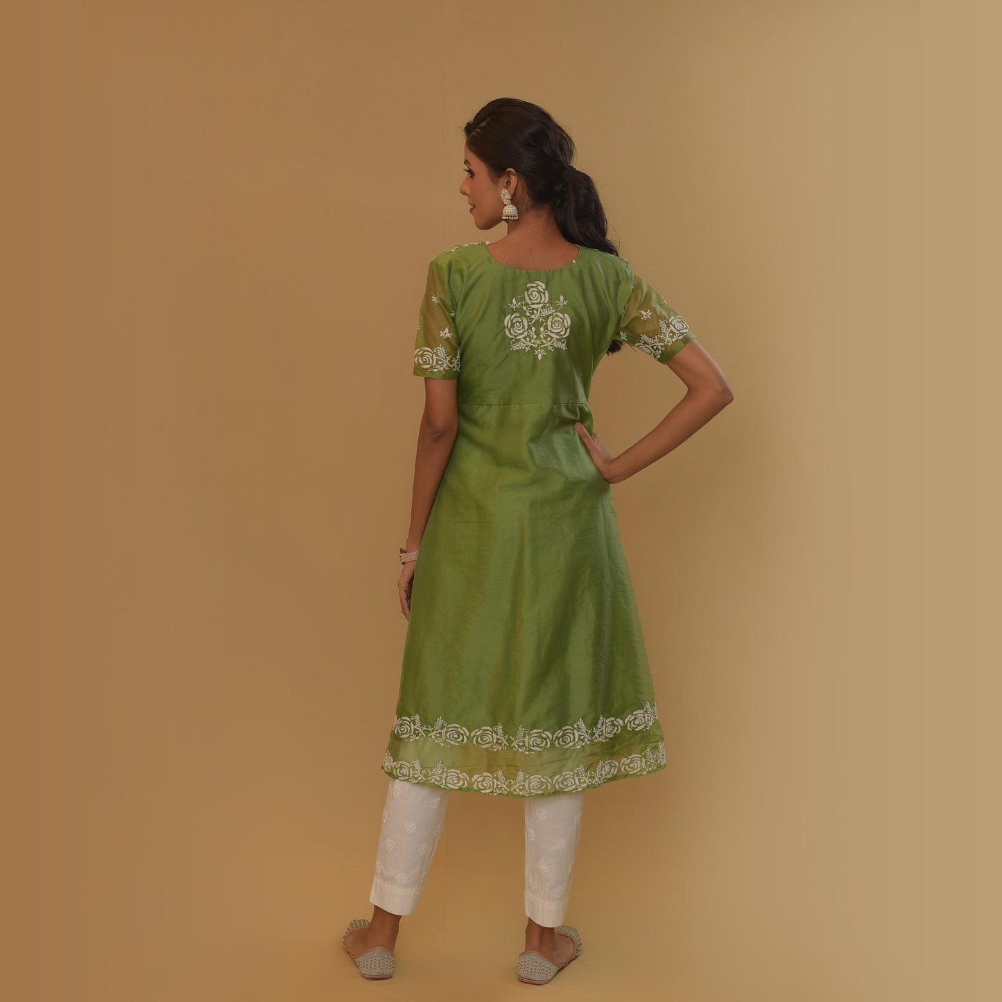 Olive Green Organza Chikankari Kurta