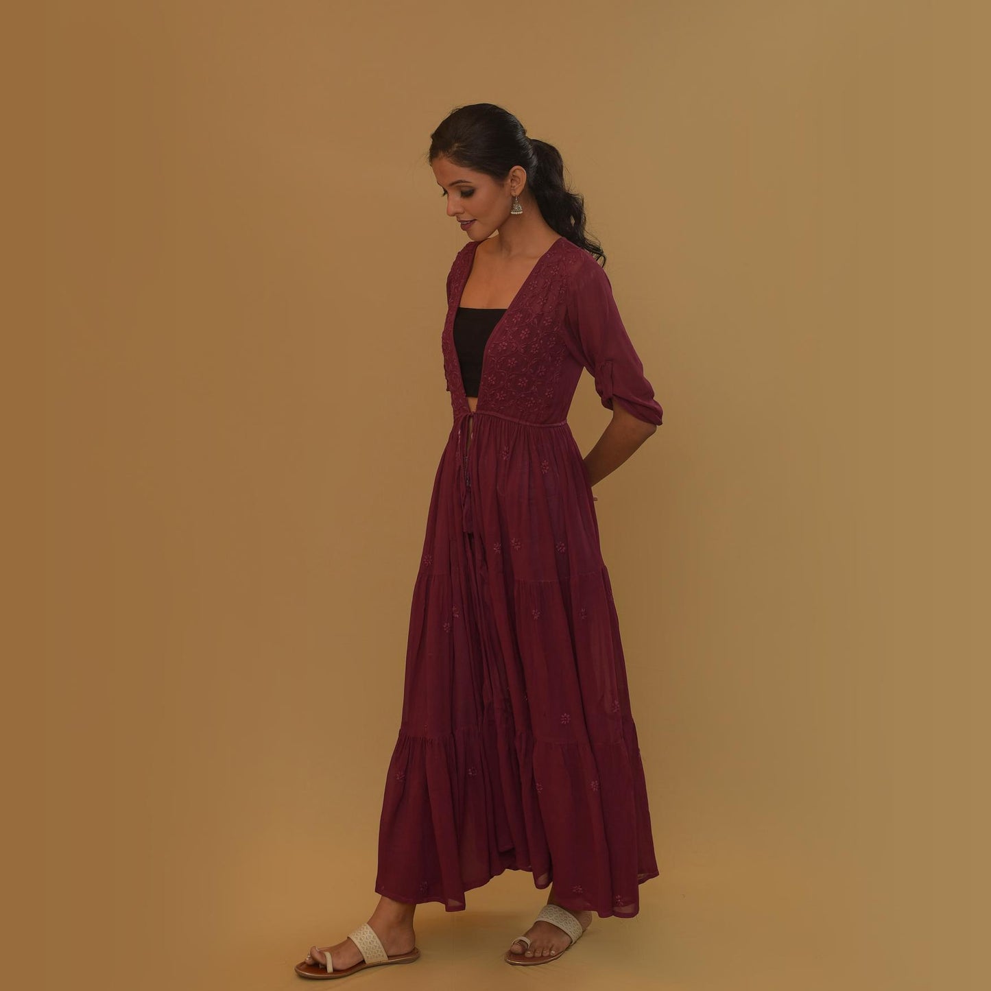 Wine Georgette tier Chikankari Shrug