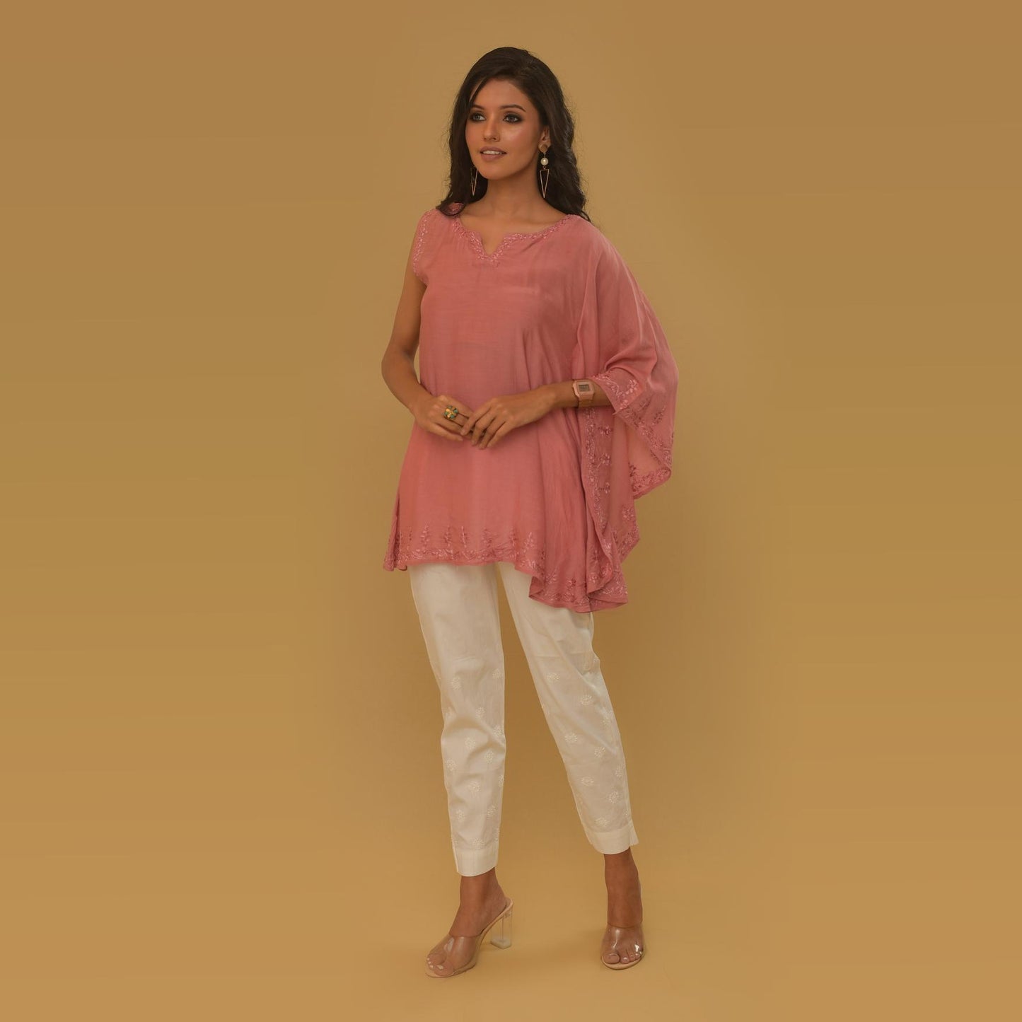 Pink Silk Muslin Chikankari Kaftan Top