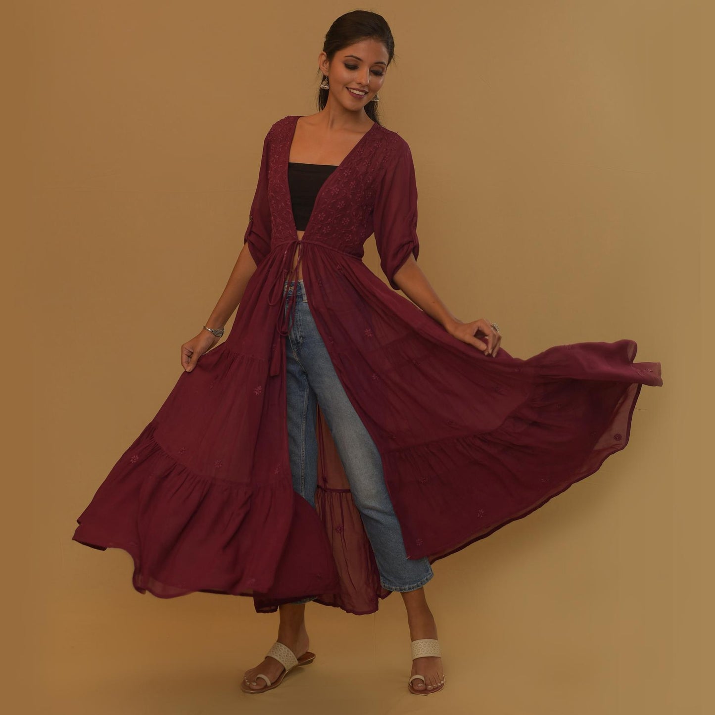 Wine Georgette tier Chikankari Shrug