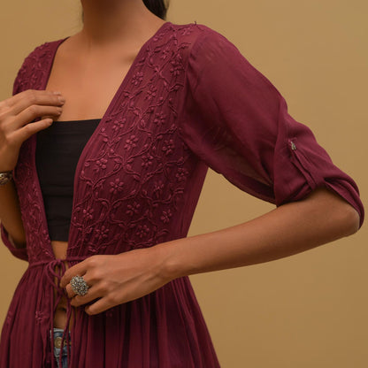 Wine Georgette tier Chikankari Shrug