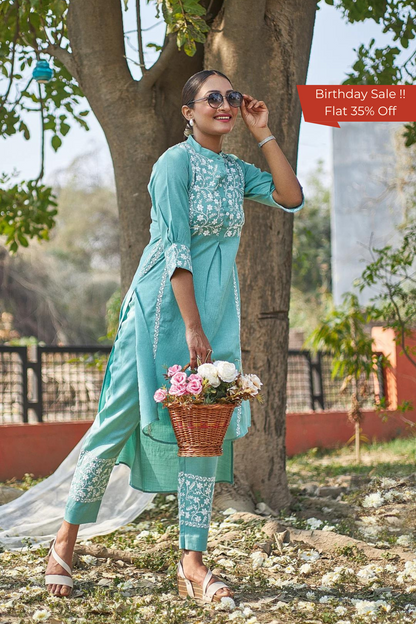 Rooh - Aqua Green Chikankari Kurta Set