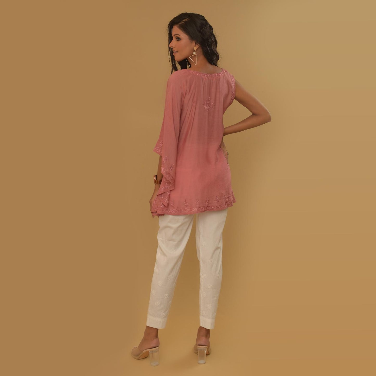 Pink Silk Muslin Chikankari Kaftan Top