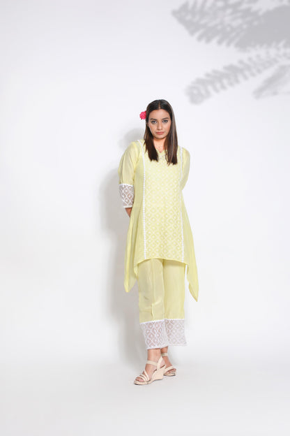 Lemon Yellow Silk Chikankari Coord Set