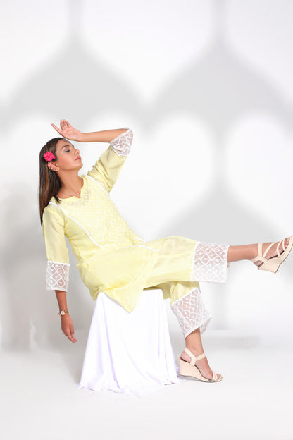 Lemon Yellow Silk Chikankari Coord Set