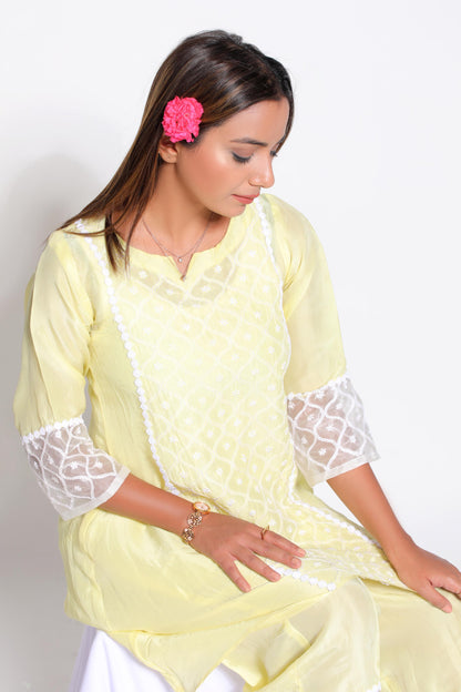 Lemon Yellow Silk Chikankari Coord Set