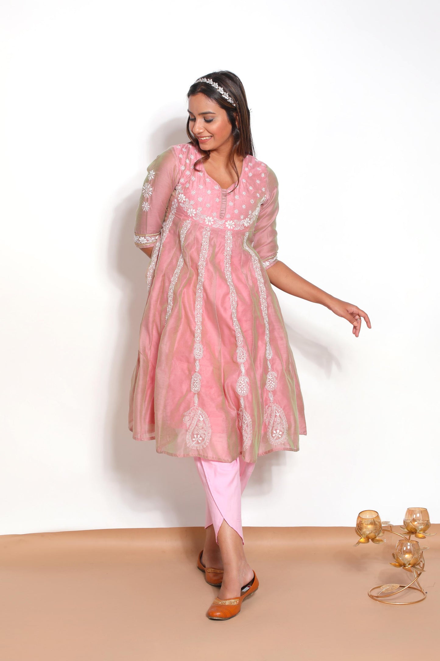 Pink Chanderi Chikankari Anarkali Kurta