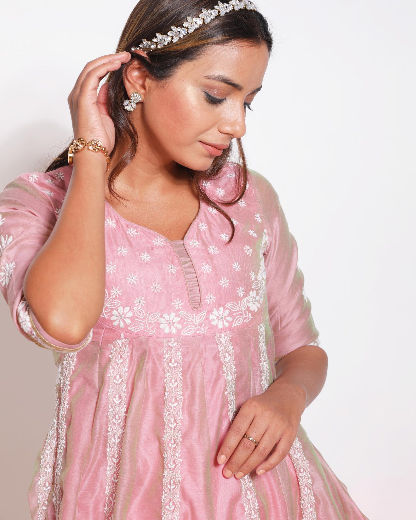 Pink Chanderi Chikankari Anarkali Kurta