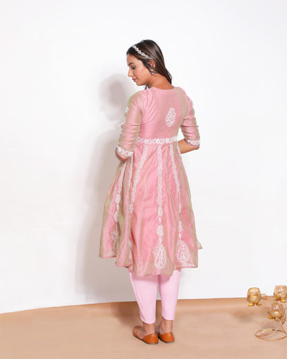 Pink Chanderi Chikankari Anarkali Kurta