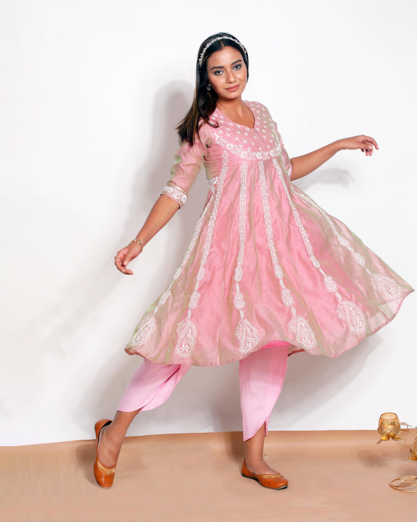 Pink Chanderi Chikankari Anarkali Kurta