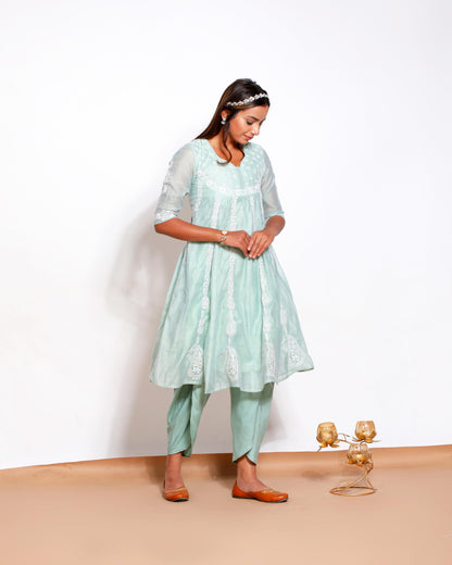 Green Chanderi Chikankari Anarkali Kurta