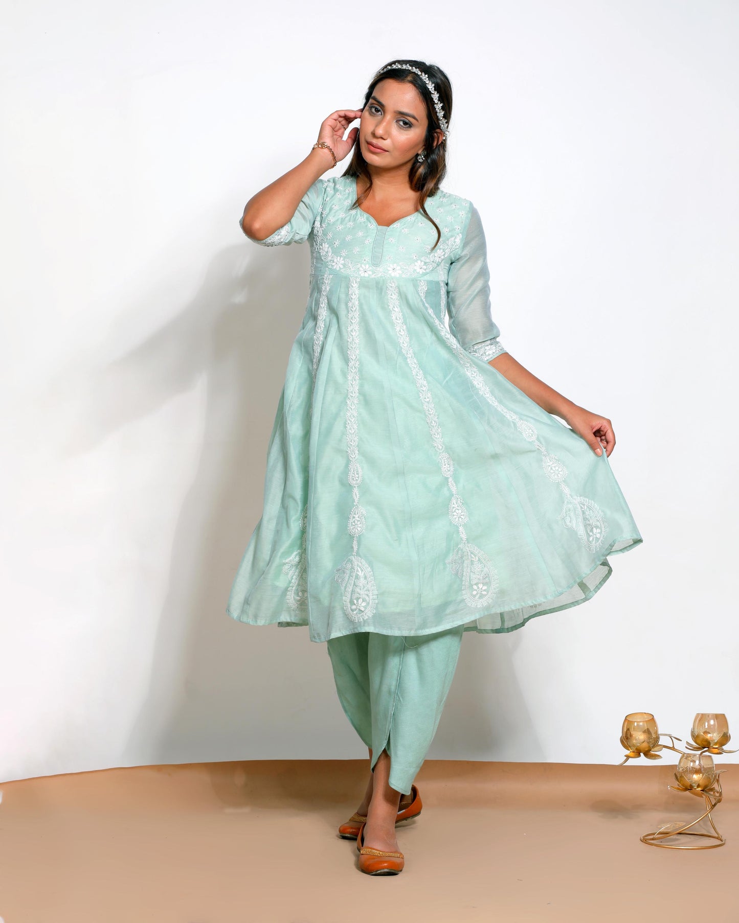 Green Chanderi Chikankari Anarkali Kurta