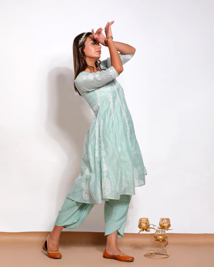 Green Chanderi Chikankari Anarkali Kurta