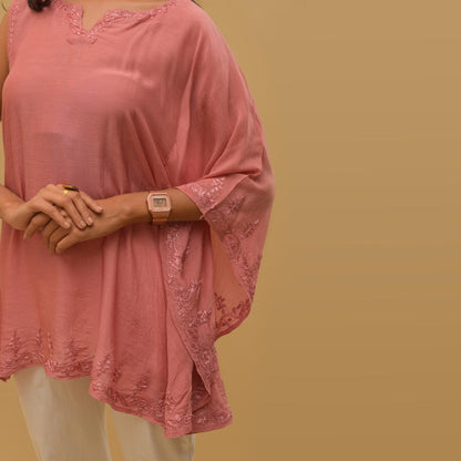 Pink Silk Muslin Chikankari Kaftan Top