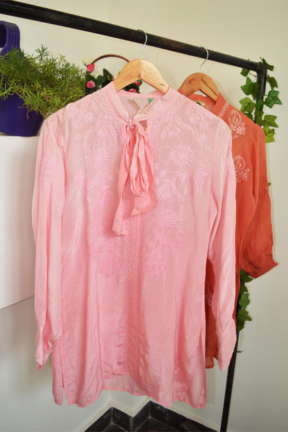 Pink Silk Chikankari Shirt Top