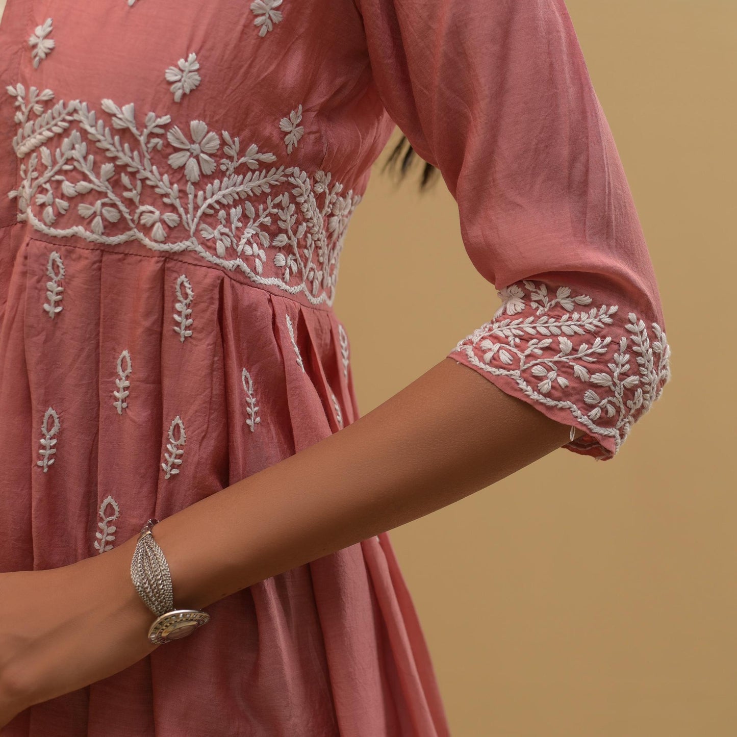 Pink Pleated Chikankari Shrug