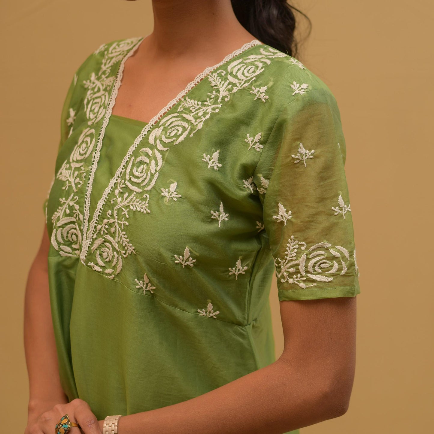 Olive Green Organza Chikankari Kurta