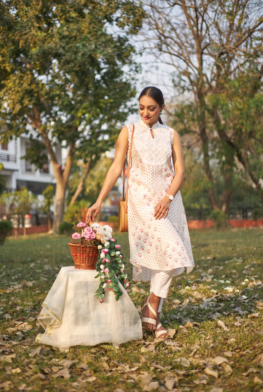 White Blockprint X Chikankari Silk Kurta