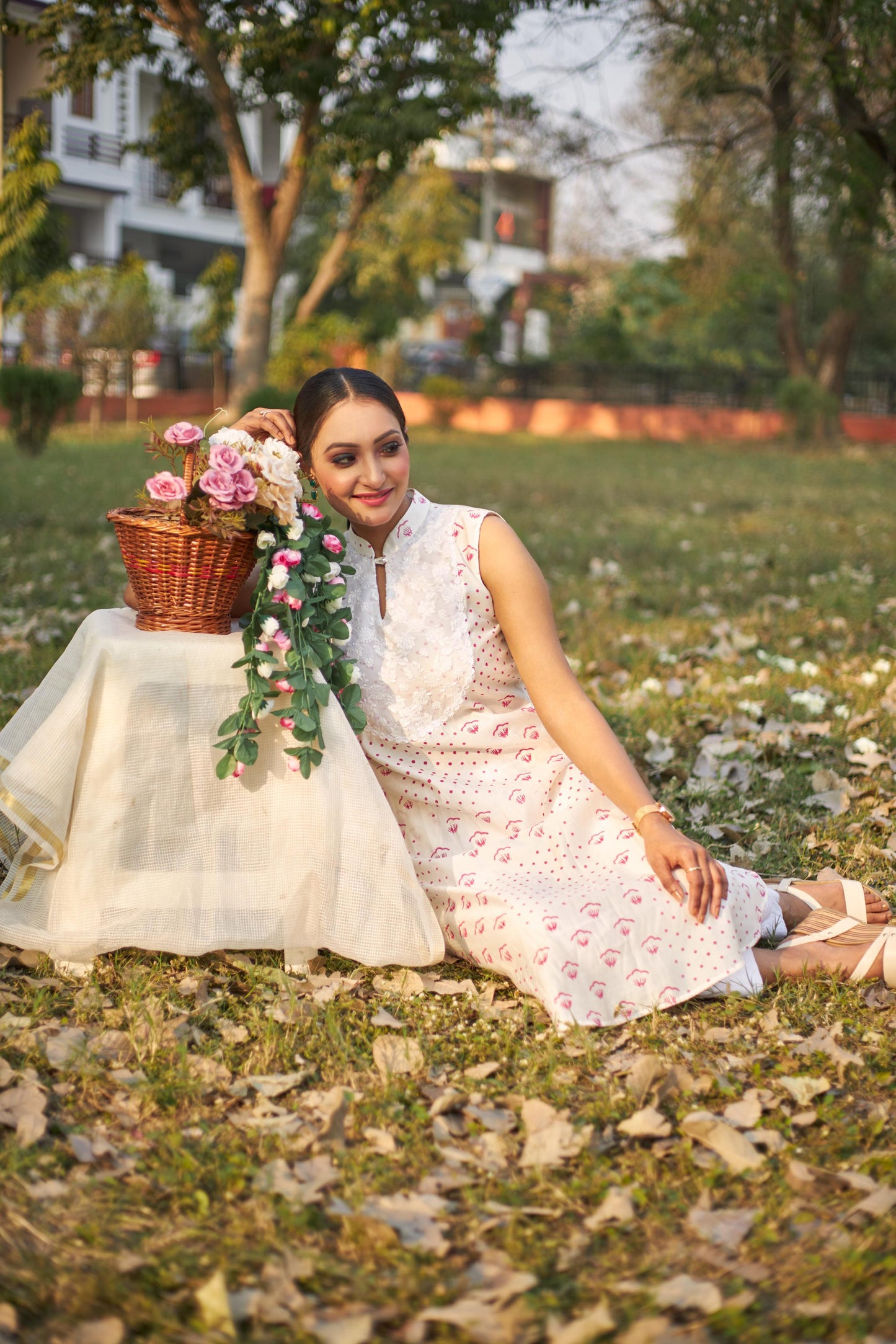 White Blockprint X Chikankari Silk Kurta