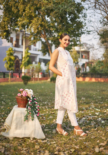 White Blockprint X Chikankari Silk Kurta