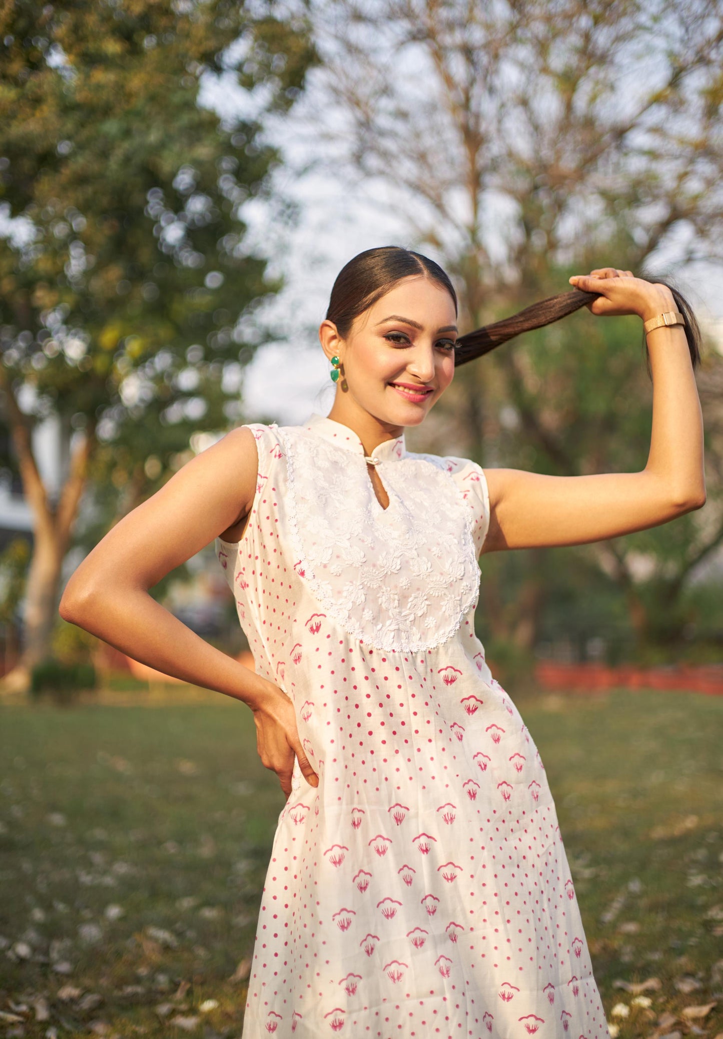 White Blockprint X Chikankari Silk Kurta