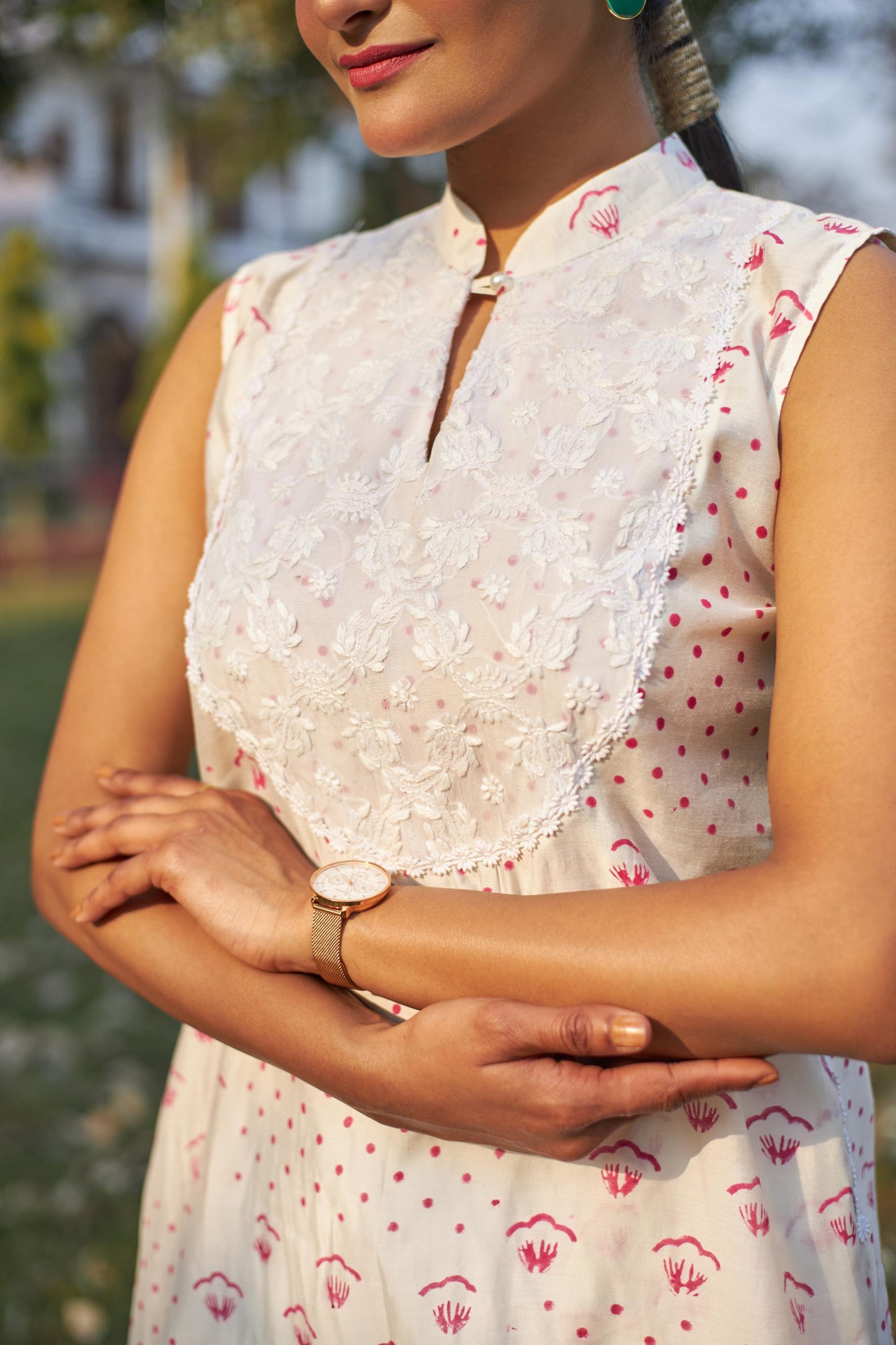 White Blockprint X Chikankari Silk Kurta