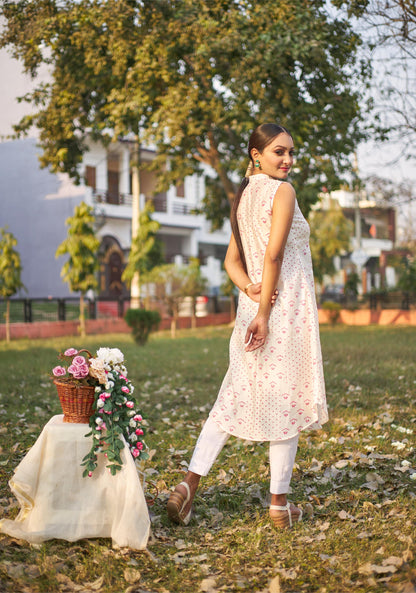 White Blockprint X Chikankari Silk Kurta